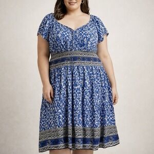 Mille Gabrielle Women's Blue Bohemian Midi Dress Smocked Waist Paisley Size 3X